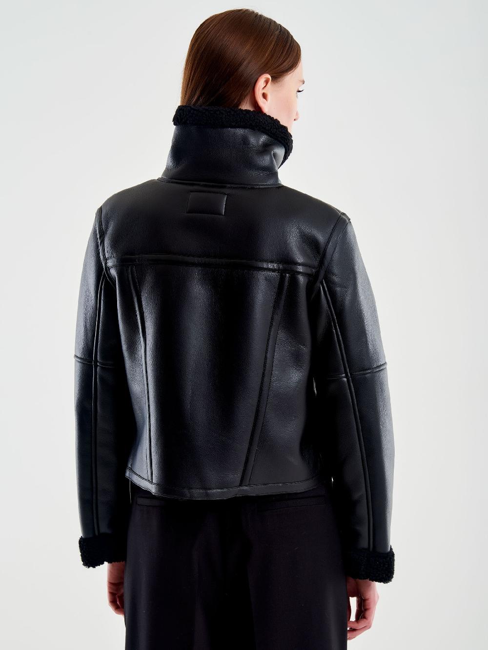 Vicolo Giubbotto Biker Cropped Effetto Pelle Nero Saldi