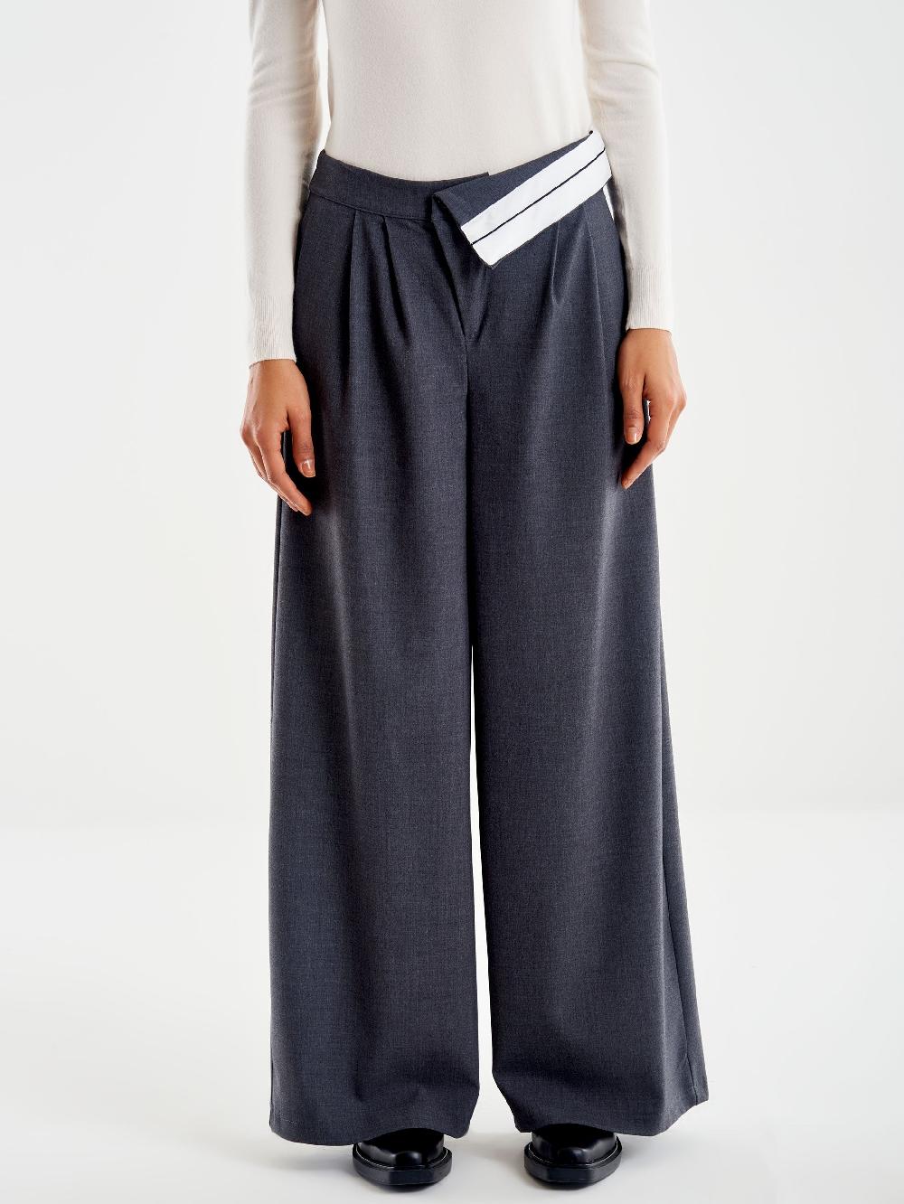 Vicolo Pantalone Ampio con Risvolto in Vita Grigio Vendita Calda