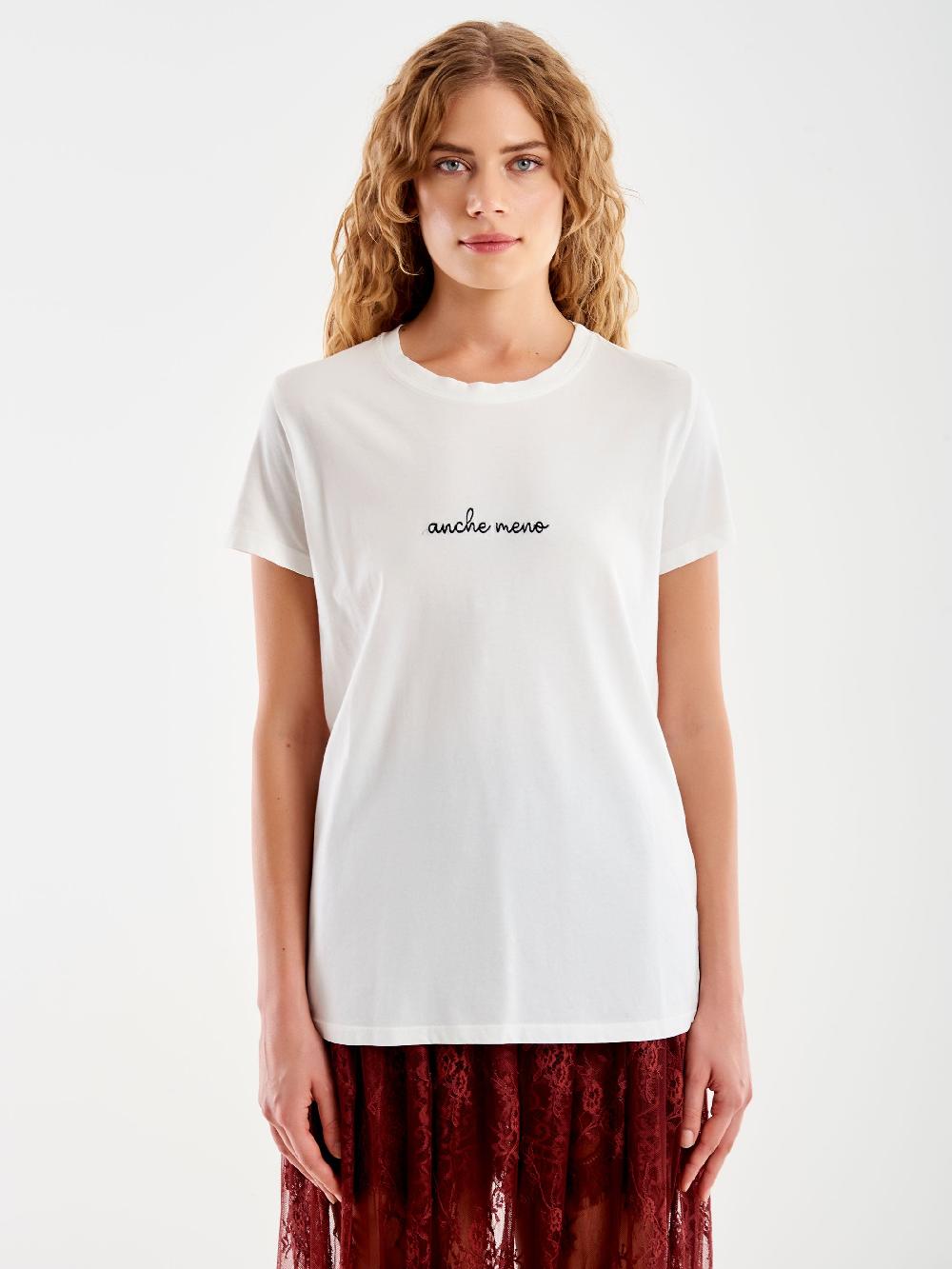 Vicolo T-Shirt Ricamata "Anche Meno" Bianco Prezzo Ridotto