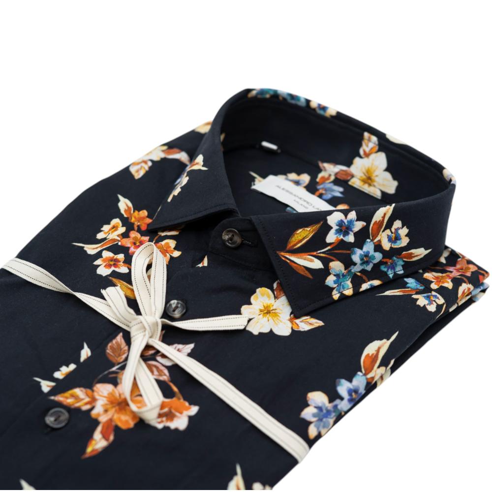 Alessandro Lamura Camicia Nera con Motivo Floreale Multicolore Outlet