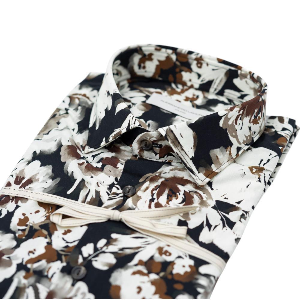 Alessandro Lamura Camicia Nera con Motivo Floreale Bianco e Marrone Saldi