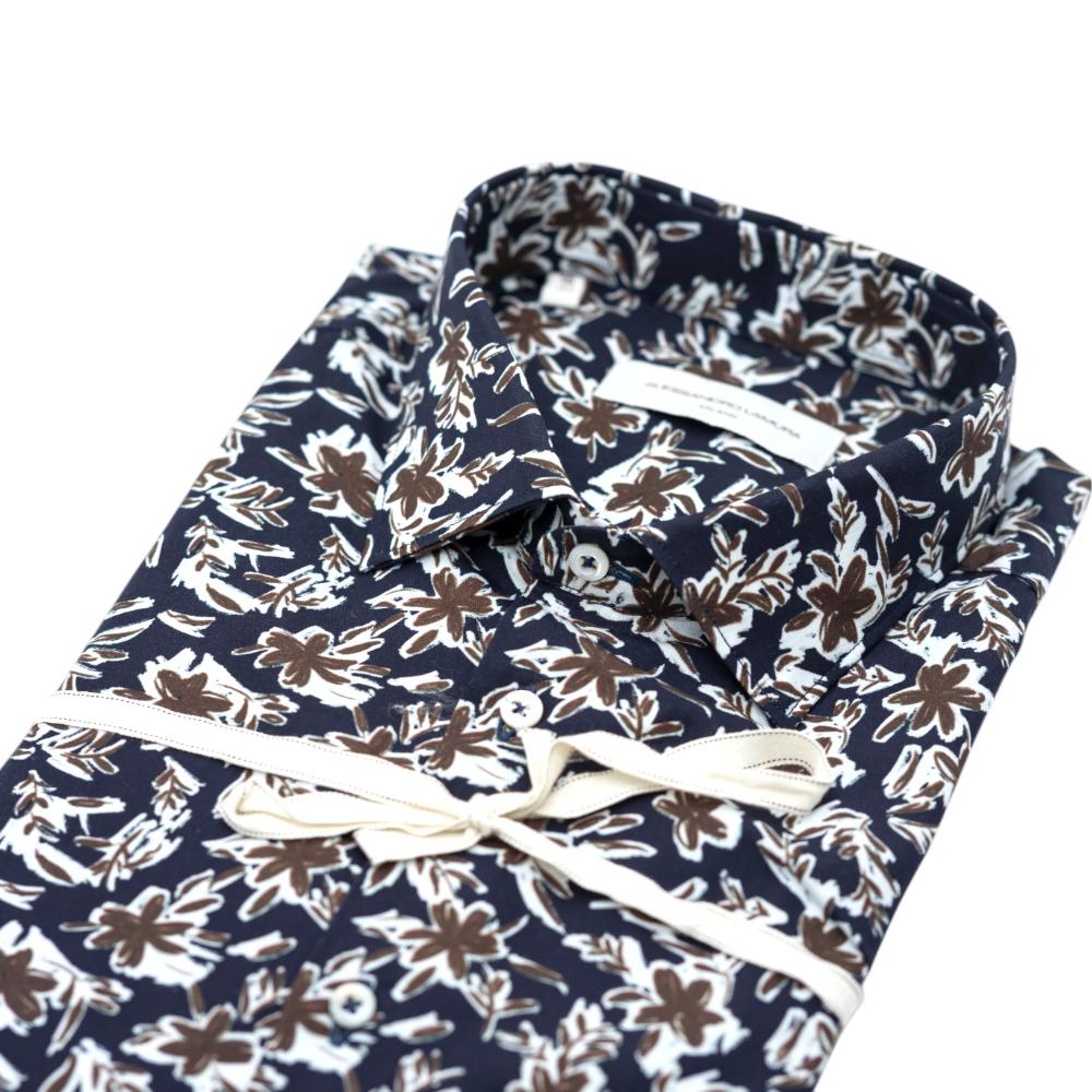 Alessandro Lamura Camicia Blu scuro con Stampa Floreale Bianca e Marrone Saldi Di Fabbrica