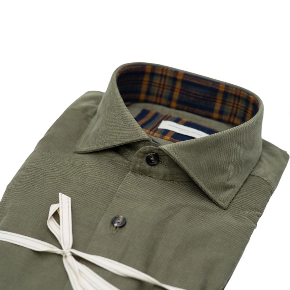 Alessandro Lamura Camicia in Velluto Millerighe Verde Oliva Con Dettagli Interni Geometrici Promozione