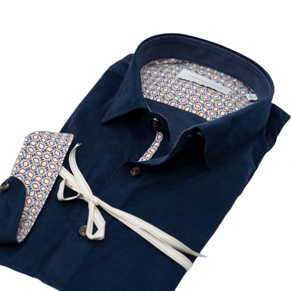 Alessandro Lamura Camicia Velluto Millerighe Blu Navy Con Dettagli Interni Geometrici Pezzi Unici