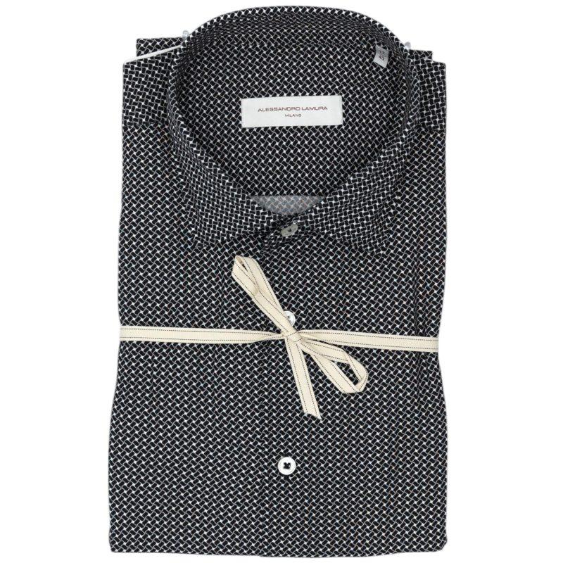Alessandro Lamura Camicia Nera con Motivo Geometrico Bianco Novità