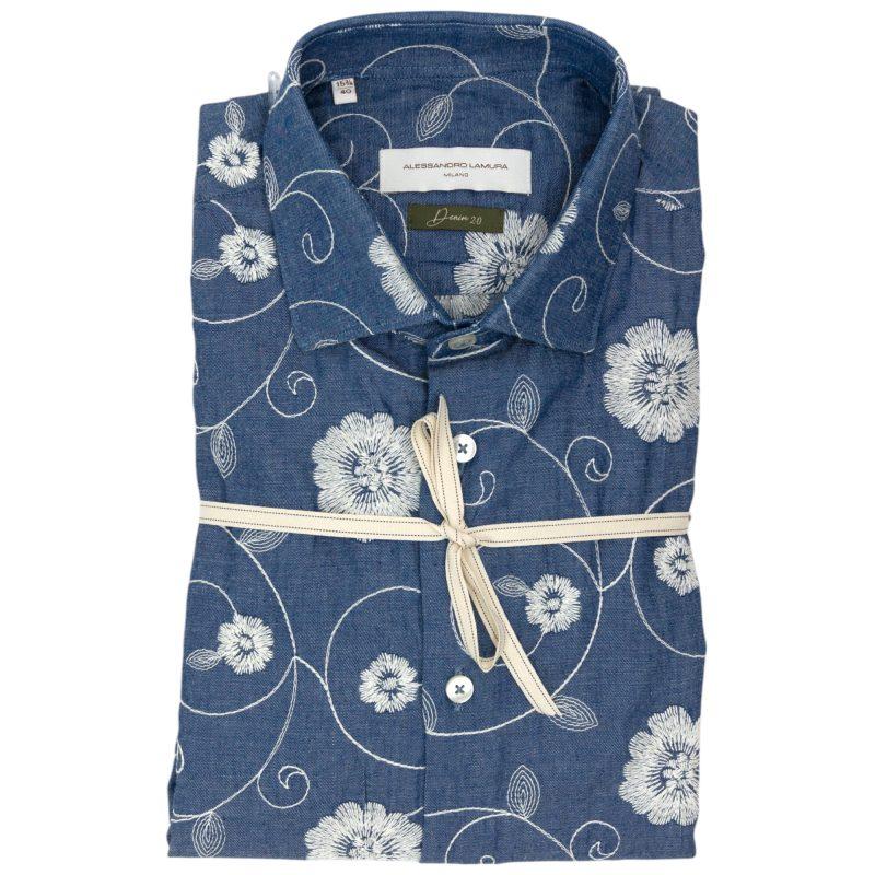 Alessandro Lamura Camicia in Denim Blu con Motivo Floreale Bianco