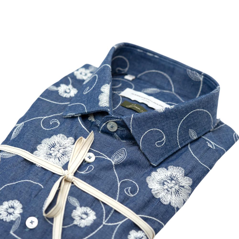 Alessandro Lamura Camicia in Denim Blu con Motivo Floreale Bianco In Linea