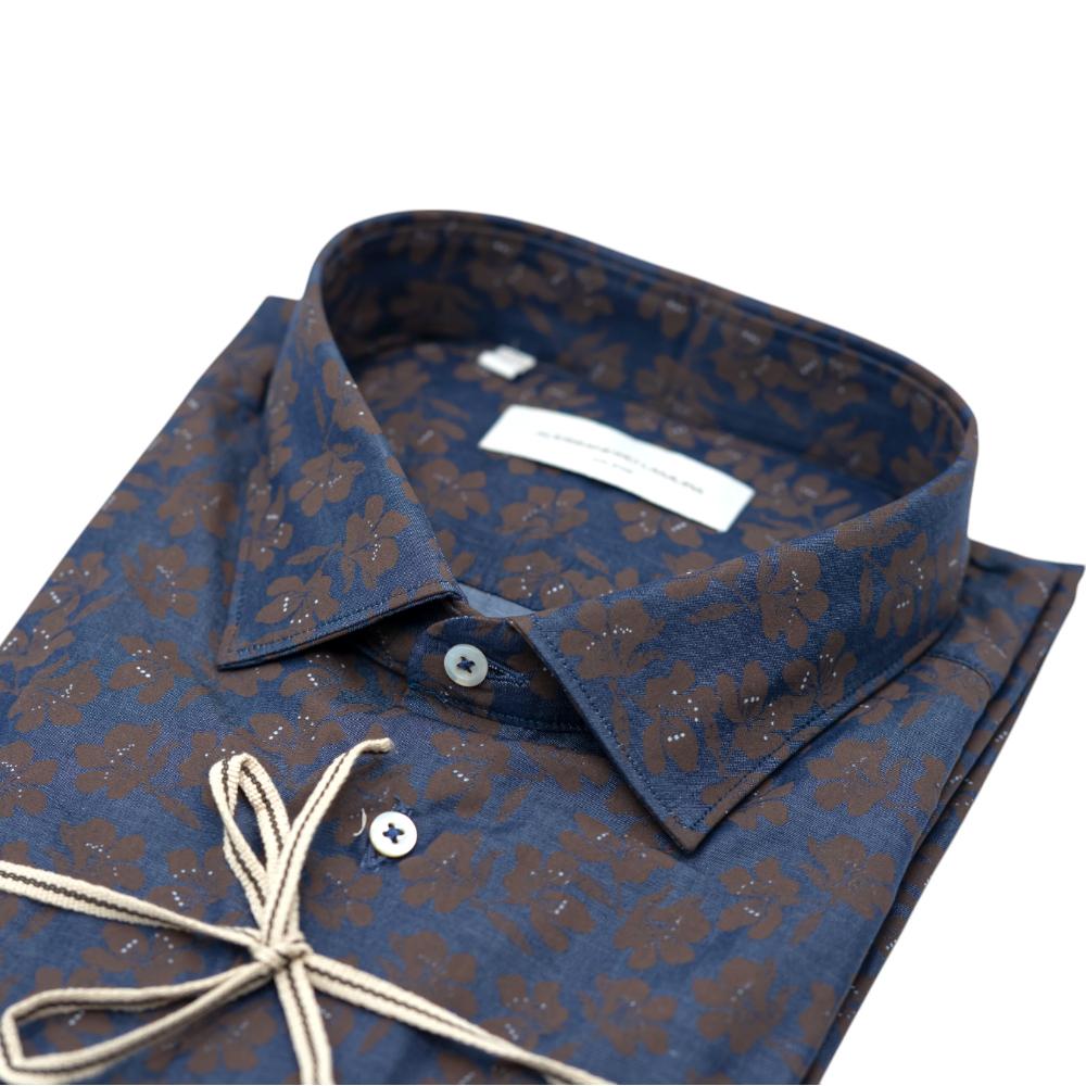 Alessandro Lamura Camicia Blu Scuro con Motivo Floreale Marrone Saldi