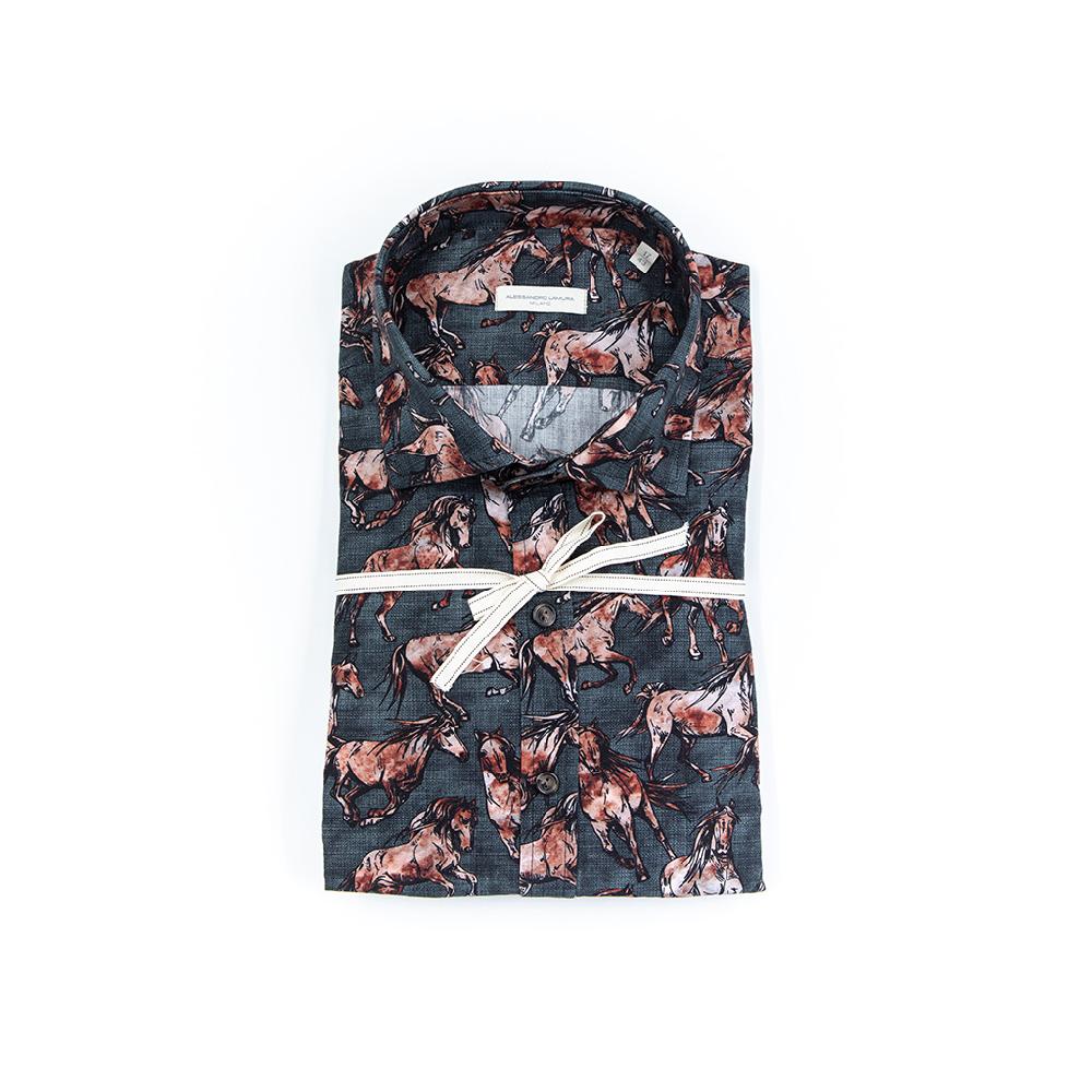 Alessandro Lamura Camicia Di Cotone Stampa Cavalli in corsa – Collo francese Vendite Flash