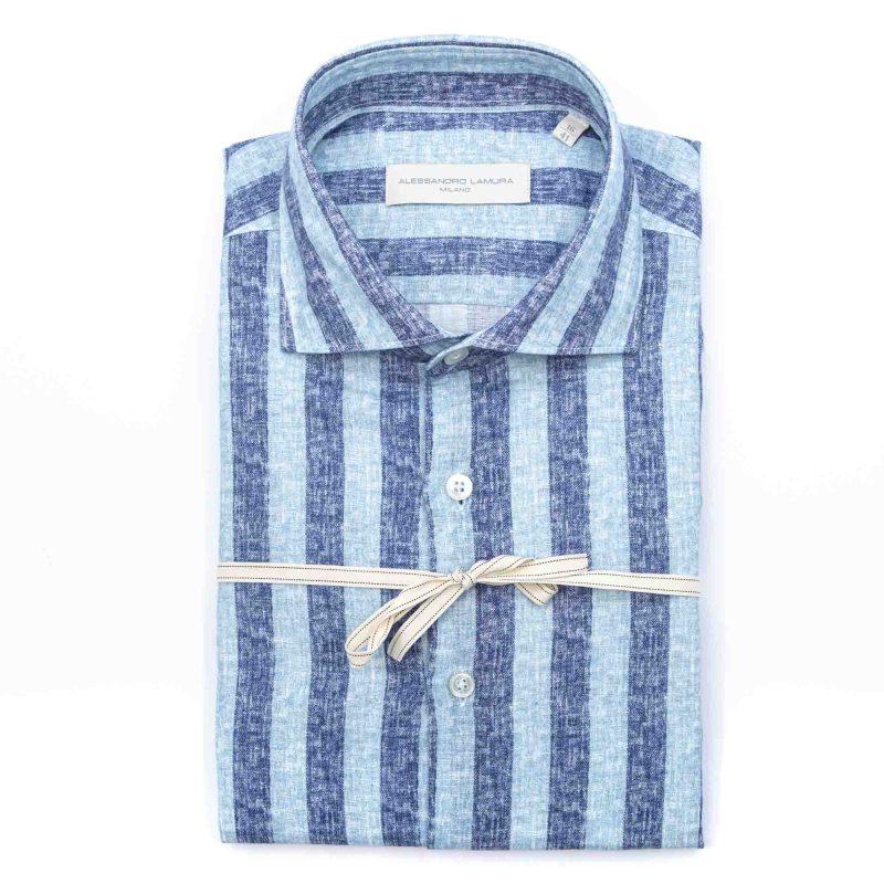 Alessandro Lamura Camicia Blu Rigata Collo Francese Italy