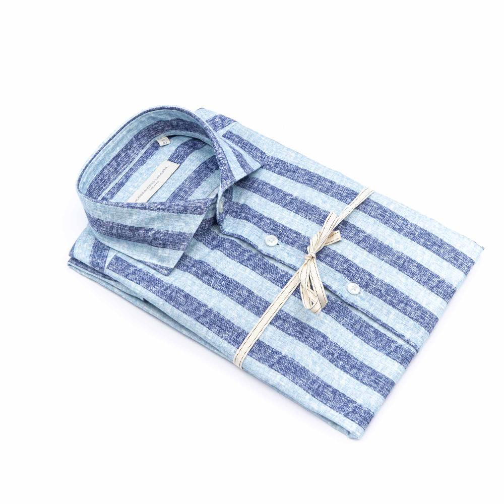 Alessandro Lamura Camicia Blu Rigata Collo Francese Italy