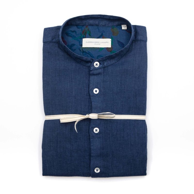 Alessandro Lamura Camicia Lino Coreana blu Con Contrasto Nuovo