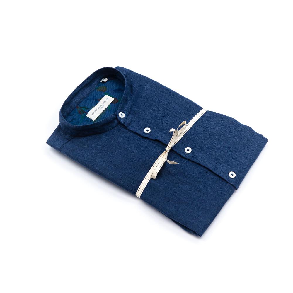 Alessandro Lamura Camicia Lino Coreana blu Con Contrasto Nuovo