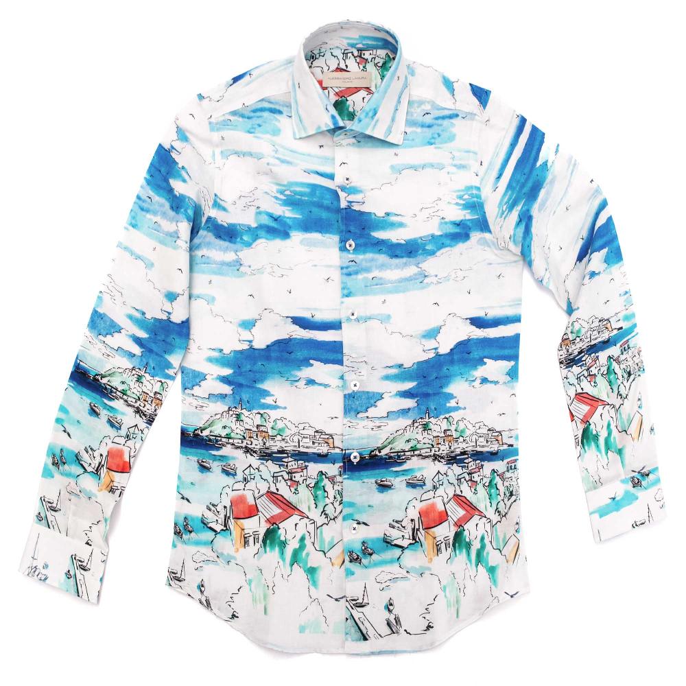 Alessandro Lamura Camicia Fantasia Mare Collo Francese Pezzi Unici