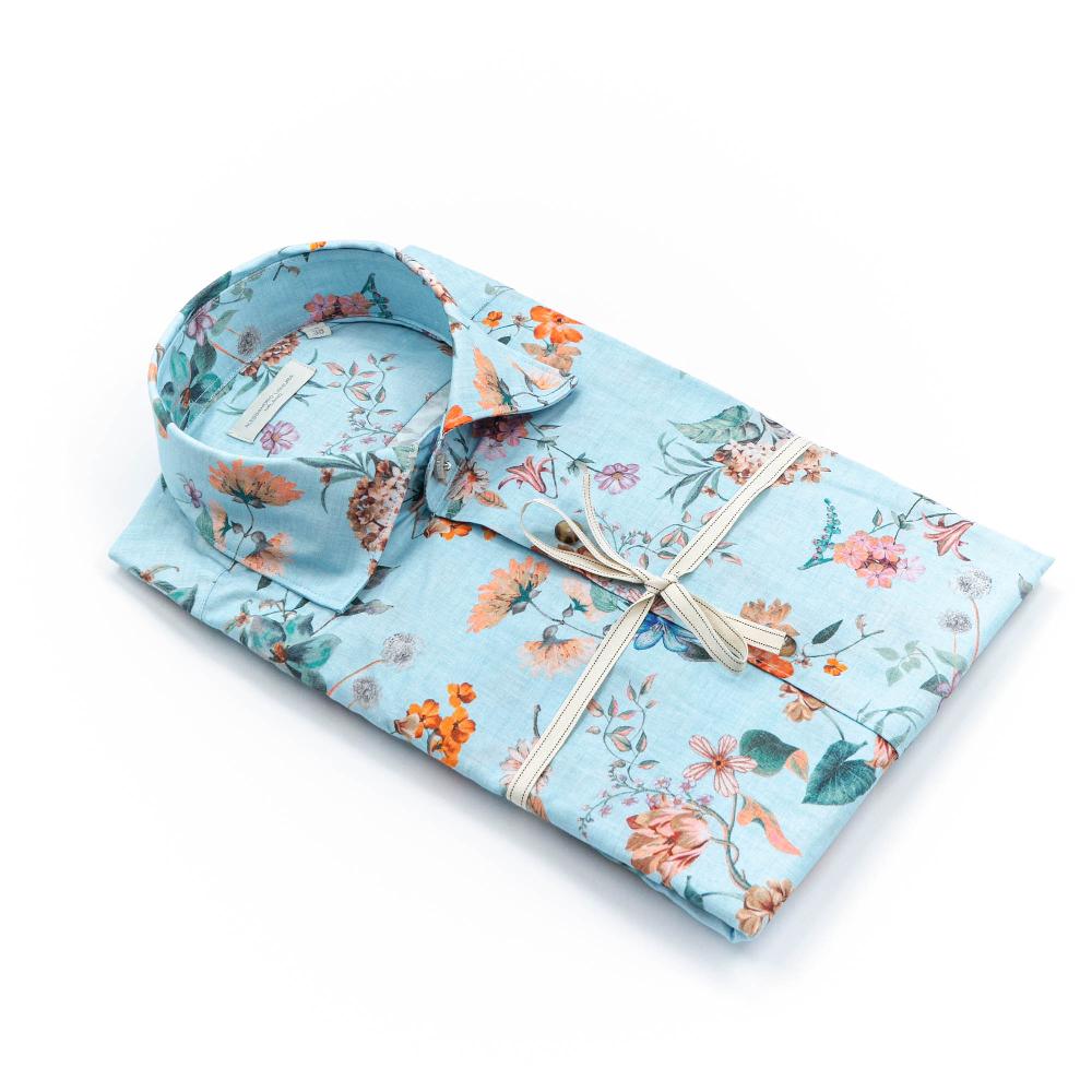 Alessandro Lamura Camicia Celeste Floreale Collo Italiano Qualità Garantita