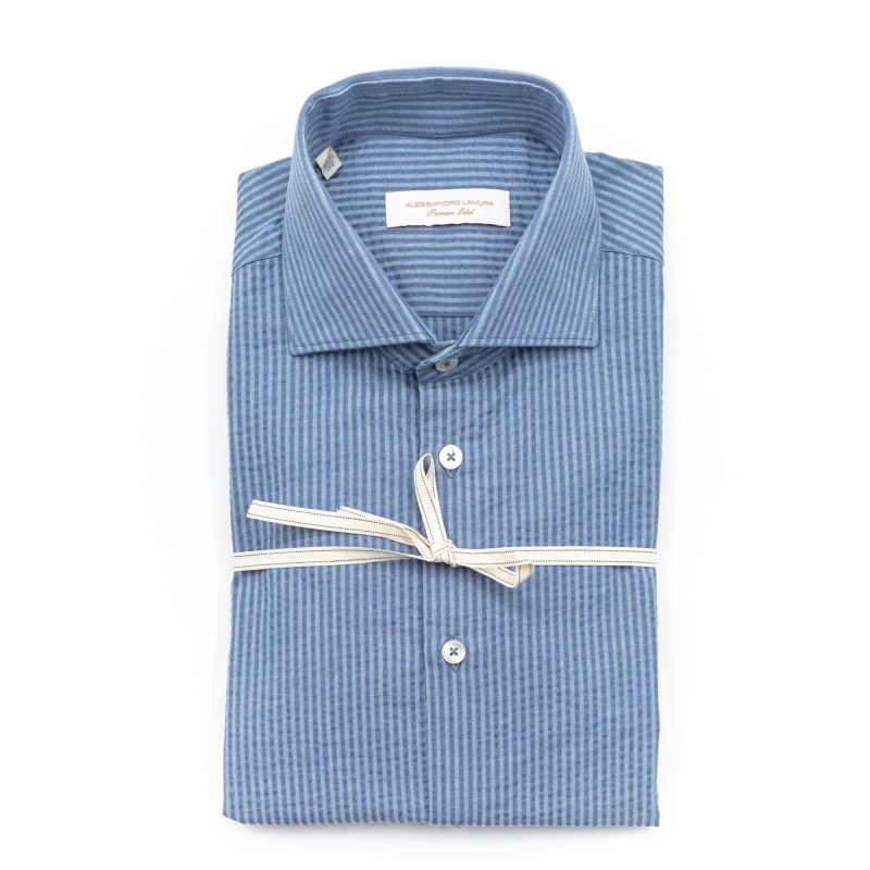 Alessandro Lamura Camicia a Righe Groffata Azzurra Collo Francese Novità