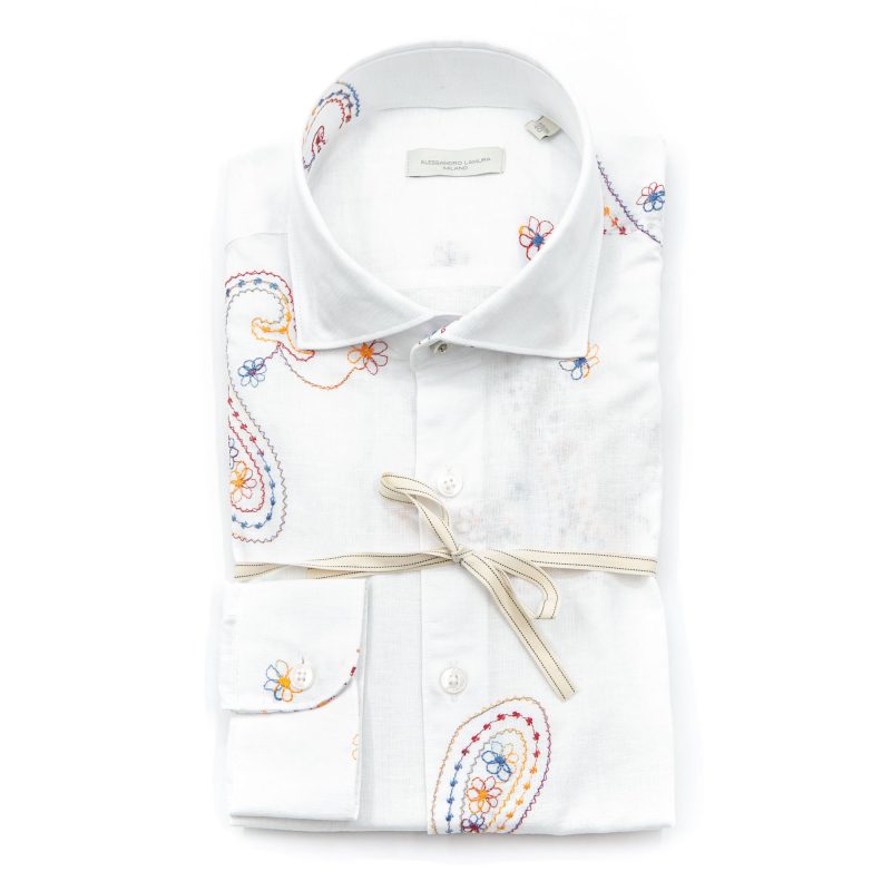 Alessandro Lamura Camicia Ricamo Fiori in Lino Collo Francese Offerta