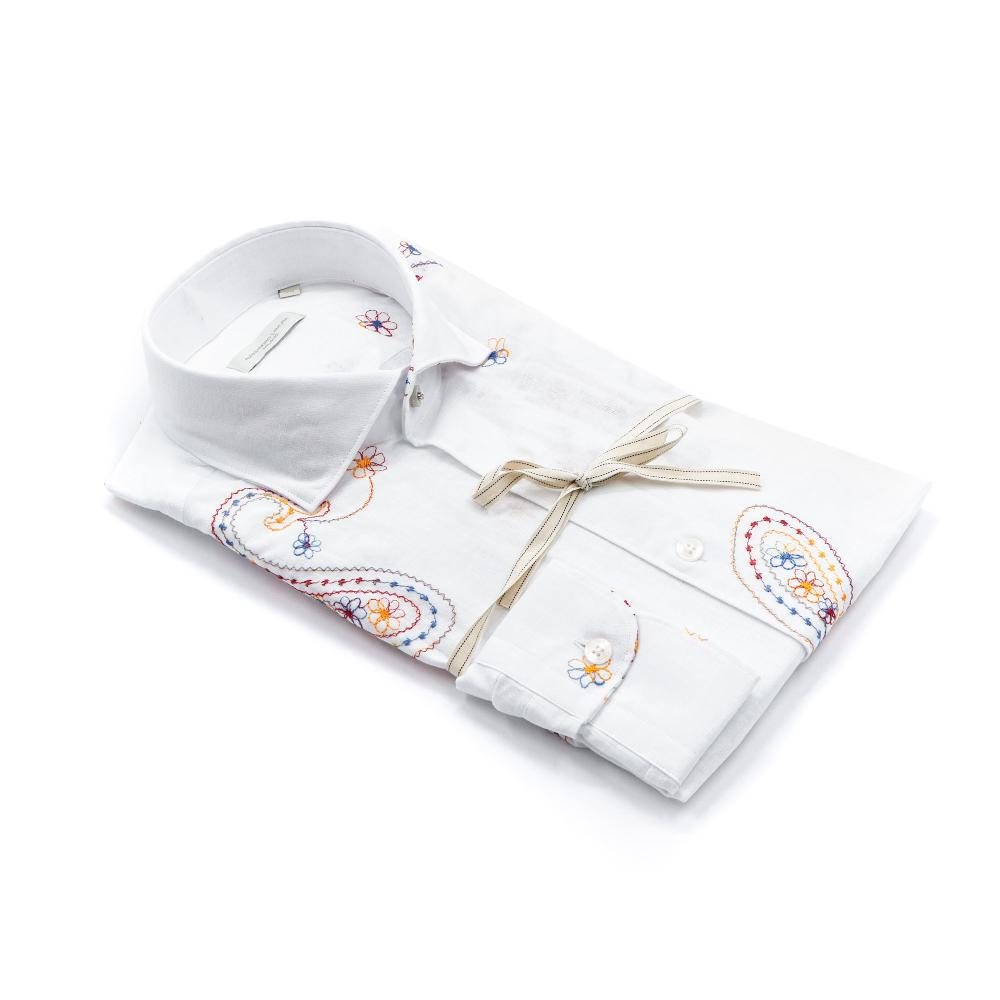 Alessandro Lamura Camicia Ricamo Fiori in Lino Collo Francese Offerta