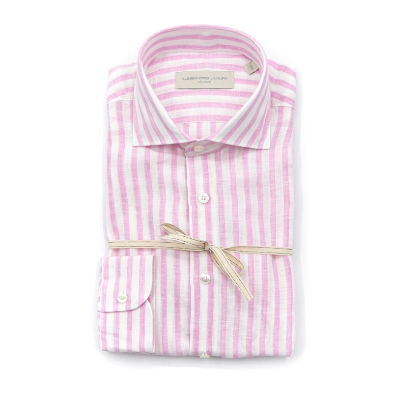 Alessandro Lamura Camicia Lino Righe Rosa Collo Francese Economico