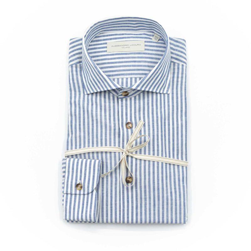 Alessandro Lamura Camicia Lino Blu e Bianca Rigata Online