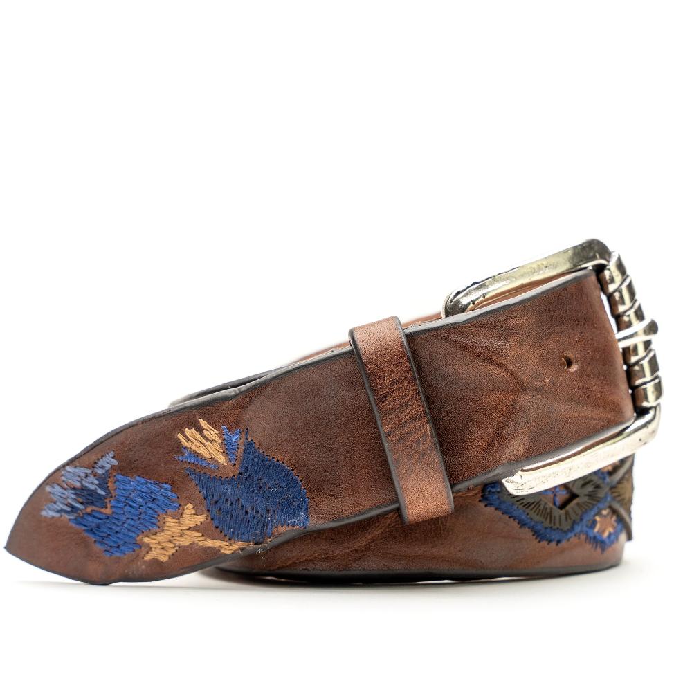 D'AMICO Cintura Cuoio Vintage Brown Floral Blue Sottocosto
